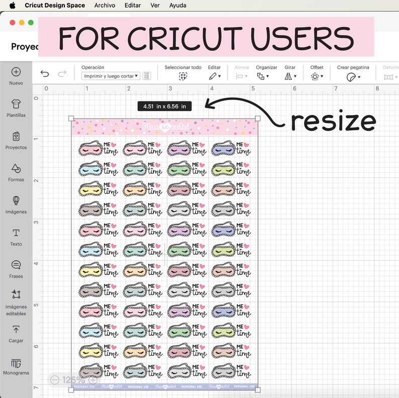 May include: A sheet of 4.51 by 6.56 inch stickers featuring a repeating pattern of colourful eye masks with the text "ME time" on each mask. The stickers are designed for Cricut users.
