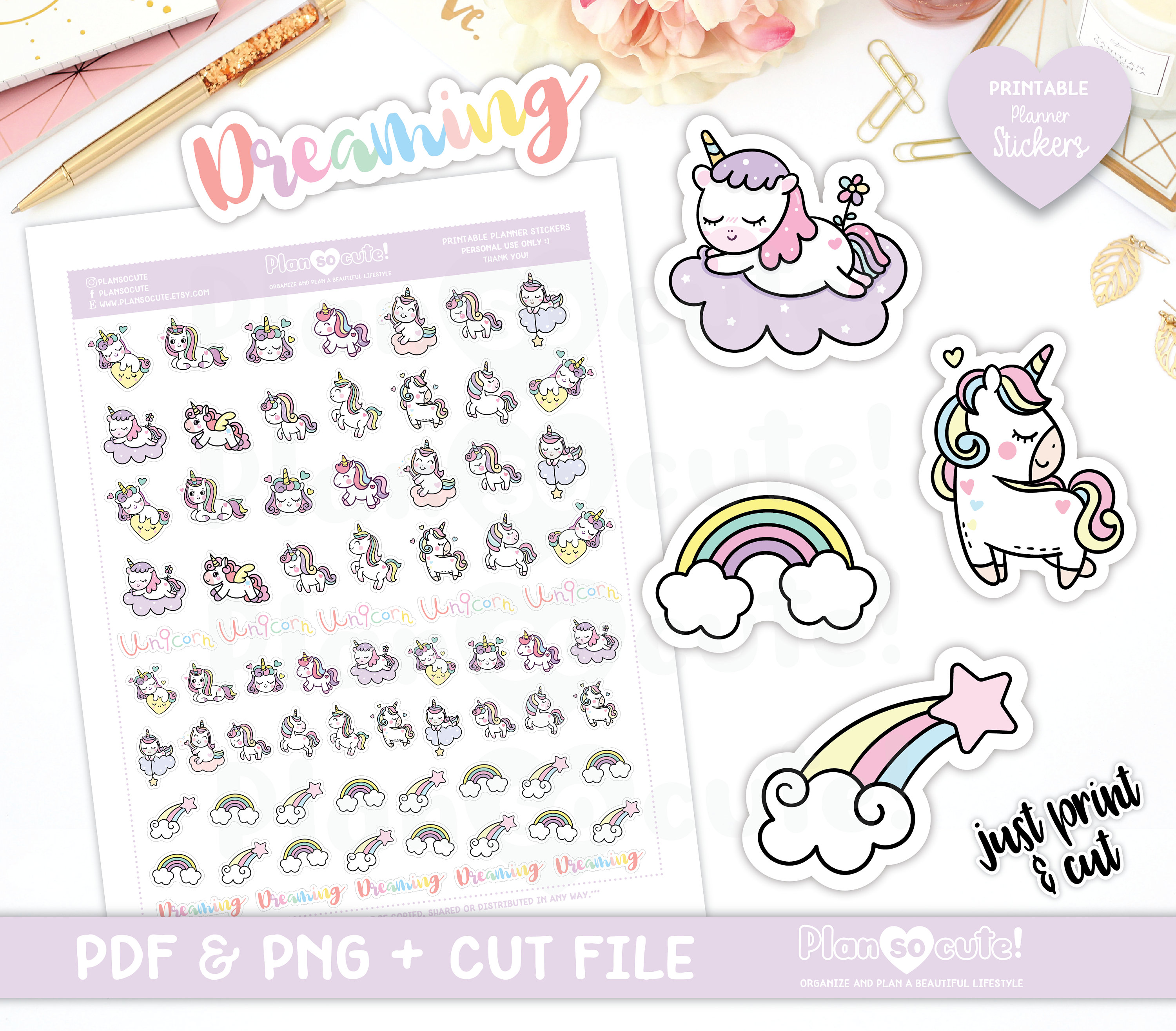 Dreaming, Printable Planner Stickers, Unicorn Stickers, Cute ...