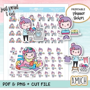 Puede incluir: Pegatinas imprimibles para planificador con un personaje de dibujos animados haciendo la colada. Las pegatinas están en una variedad de poses, incluyendo doblar la ropa, poner la ropa en la lavadora y colgar la ropa en una cuerda para tender la ropa. Las pegatinas son perfectas para añadir un toque de diversión a tu planificador.