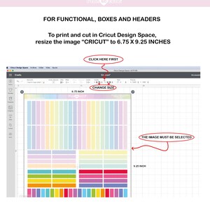 May include: A screenshot of the Cricut Design Space software showing a colorful grid of squares. The grid is 6.75 inches by 9.25 inches. The text "CLICK HERE FIRST" and "CHANGE SIZE" are highlighted in red.