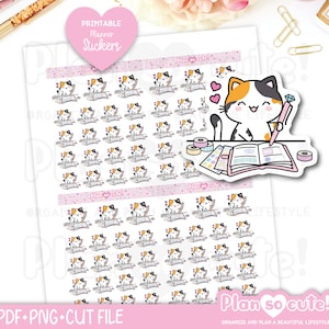Autocollants Calico Kitty Planning Time, autocollants planificateur imprimables, autocollants Bullet Journal, autocollants scolaires