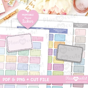 May include: Printable planner stickers with a pastel color scheme and a dashed border. The stickers are designed to be used in a planner or journal. The text "Plan so cute!" is featured on the stickers.
