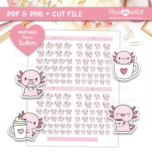 Pode incluir: Adesivos imprimíveis para planejador com lindas ilustrações de axolotl com xícaras de café e chantilly. Os adesivos são rosa e branco em um fundo rosa. O texto "Plan so cute!" está incluído na folha.