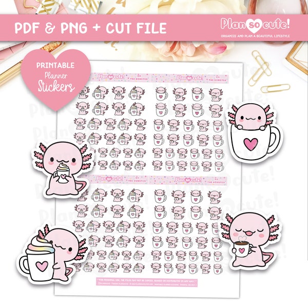 Xo Loves hot Coffee, Hot chocolate, Printable Stickers, Axolotl Stickers