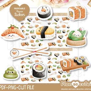 Puede incluir: Un conjunto de pegatinas imprimibles para planificadores con adorables dibujos animados de sushi y otros alimentos japoneses. Las pegatinas están diseñadas en estilo acuarela e incluyen una variedad de rollos de sushi, un tazón de arroz, palillos y un plato de wasabi. Las pegatinas son perfectas para agregar un toque de diversión a tu planificador o diario.