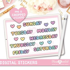 Può includere: Sticker digitali che mostrano i giorni della settimana in uno schema di colori arcobaleno con un carattere a bolle. Ogni giorno della settimana è circondato da piccoli cuori rosa. Il testo "Plan so cute!" si trova nell'angolo in basso a destra dell'immagine.