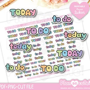 May include: Printable planner stickers with the words "to do" and "today" in various pastel colors. The stickers are in a variety of sizes and are perfect for adding a touch of whimsy to your planner.