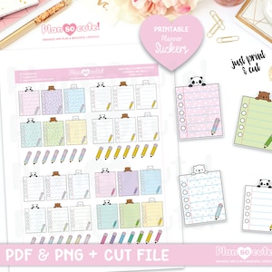 May include: Printable planner stickers featuring cute panda and bear illustrations. The stickers are designed for use in a planner or journal and include various sizes and styles of notes, checklists, and dividers. The stickers are available in a variety of colors, including pink, blue, green, and yellow.