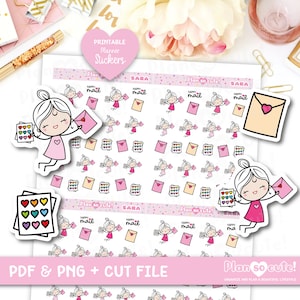 May include: Printable planner stickers featuring a cartoon girl holding a letter and a stack of envelopes with hearts. The stickers are on a white background with pink polka dots. The text "Plan so cute!" is at the bottom of the image.