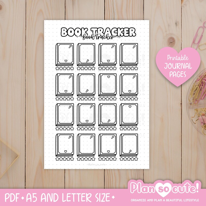 May include: Printable book tracker journal page with a black and white design. The page features 16 book squares with space to write the title, author, and rating. Each book square is decorated with a heart and stars.