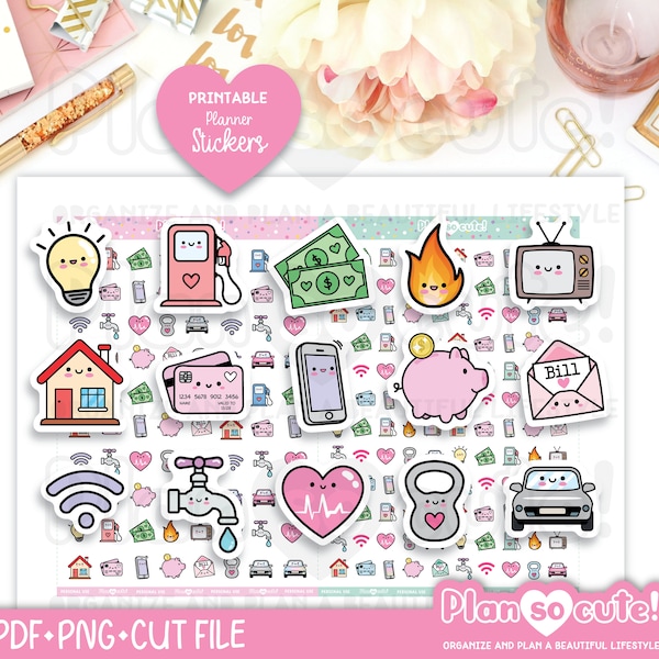 Finance Icons, Kawaii Stickers, Printable Planner Stickers