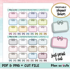 May include: Printable planner stickers with a bow design. The stickers are in various pastel colors and have a dotted border. The text "Plan so cute" is at the top and bottom of the sheet. The text "just print & cut" is in the bottom right corner.