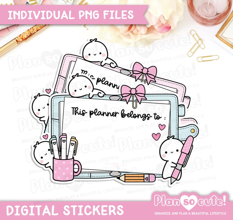 May include: Digital planner stickers with a cute theme. The stickers include a light blue and pink planner frame with the text "This planner belongs to:" and "To: planner". The stickers also include a pink polka dot mug, pens, pencils, and bows.