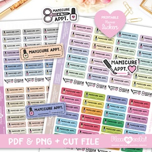 以下が含まれることがあります： 様々な長方形のデザインで「MANICURE APPT.」の文字が入った、カラフルなプランナーステッカーのシート。ステッカーには、マニキュアボトルの画像、ハサミ、ハートが含まれています。「PDF & PNG + CUT FILE」の文字も表示されています。