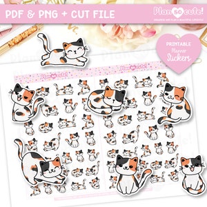 Puede incluir: Pegatinas imprimibles para planificador con un gato calico en varias poses. Las pegatinas están sobre un fondo blanco con un borde rosa y el texto "Plan so cute!" en rosa.