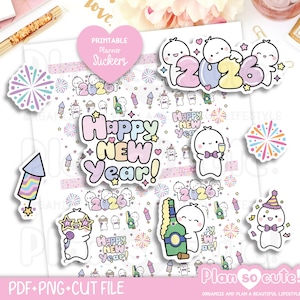 Tiny Puppet Happy New Year Stickers, Printable Planner Stickers, Bullet Journal Stickers