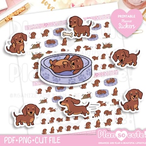 May include: A sheet of printable planner stickers featuring cartoon brown dachshund dogs in various poses, including sleeping in purple beds, playing, and standing. The sheet includes text that reads "PRINTABLE Planner Stickers" and "Plan so cute!"