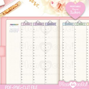 May include: Pink planner with a February calendar, daily schedule layout, and the text "Plan so cute!". Includes a heart-shaped sticker that says "Printable Planner Stickers". The planner is open to a weekly view.