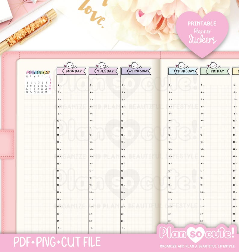 May include: Pink planner with a February calendar, daily schedule layout, and the text "Plan so cute!". Includes a heart-shaped sticker that says "Printable Planner Stickers". The planner is open to a weekly view.