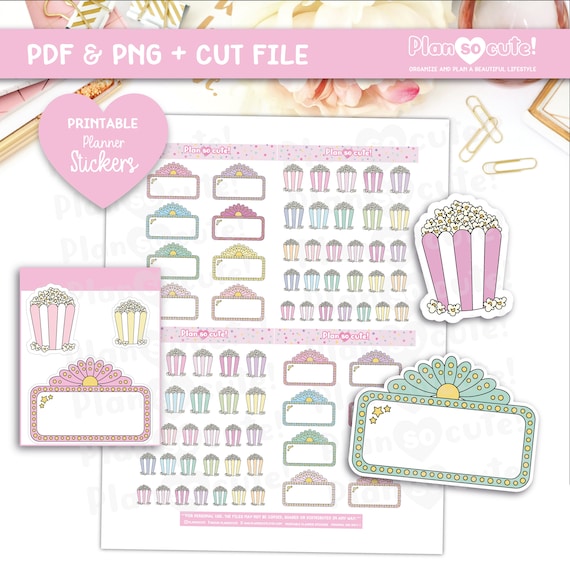 Movie Time, Movie Marquee, Popcorn, Printable Stickers, Printable Planner Stickers.