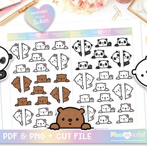 May include: Printable planner stickers featuring cute cartoon animals peeking from behind a divider. The stickers include pandas, bears, and polar bears in various poses. The text "Plan so cute!" appears on the sheet.