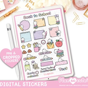 Puede incluir: Pegatinas digitales con personajes de dibujos animados adorables con diseños de temática escolar. Las pegatinas incluyen frases como "De vuelta a la escuela", "Sin escuela", "Liberación temprana", "Conferencia de padres y maestros" y "Prueba".