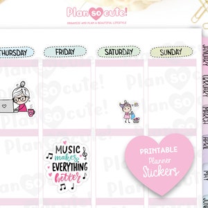 May include: A set of printable planner stickers featuring cute illustrations and text. The stickers include a woman working on a laptop, a woman hanging laundry, a heart-shaped sticker with the text "Printable Planner Stickers", and a square sticker with the text "Music makes everything better".