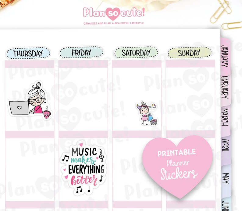 May include: A set of printable planner stickers featuring cute illustrations and text. The stickers include a woman working on a laptop, a woman hanging laundry, a heart-shaped sticker with the text "Printable Planner Stickers", and a square sticker with the text "Music makes everything better".