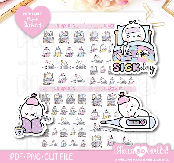 Tiny Puppet Sick Day Stickers, Printable Planner Stickers, Bullet Journal Stickers