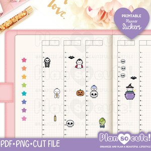 May include: A pink planner with a grid layout, featuring colourful star stickers and Halloween-themed stickers. The image includes the text "Printable Planner Stickers" and "Plan so cute!" along with "PDF+PNG+CUT FILE".