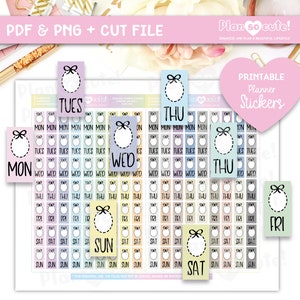 Puede incluir: Pegatinas imprimibles para planificador con un esquema de color pastel. Las pegatinas presentan un círculo con un lazo y los días de la semana: lunes, martes, miércoles, jueves, viernes, sábado y domingo.