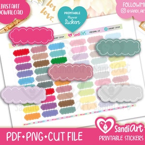 Puede incluir: Pegatinas imprimibles para planificador en varios colores pastel, incluyendo rosa, morado y azul, con forma de nube y borde punteado. La imagen incluye el texto "DESCARGA INSTANTÁNEA" y "PDF PNG CUT FILE". Diseñado por SandiArt.