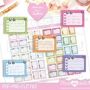 Può includere: Una collezione di adesivi stampabili colorati per planner con le parole "to do" e caselle di controllo a forma di cuore. Gli adesivi sono in vari colori, tra cui verde, arancione, rosa, blu e viola. È visibile anche il testo "Plan so cute!".