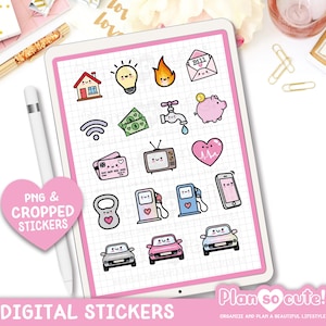 Puede incluir: Una hoja de pegatinas digitales con fondo rosa y blanco. La hoja presenta 18 pegatinas de dibujos animados lindas con varios temas, que incluyen hogar, dinero, amor y transporte. Las pegatinas están diseñadas para usar en planificadores y diarios digitales.