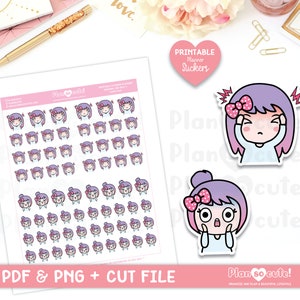 May include: Printable planner stickers featuring a cartoon girl with purple hair and a pink bow. The girl has different facial expressions, including surprised, stressed, and happy. The stickers are designed for use in planners and journals.