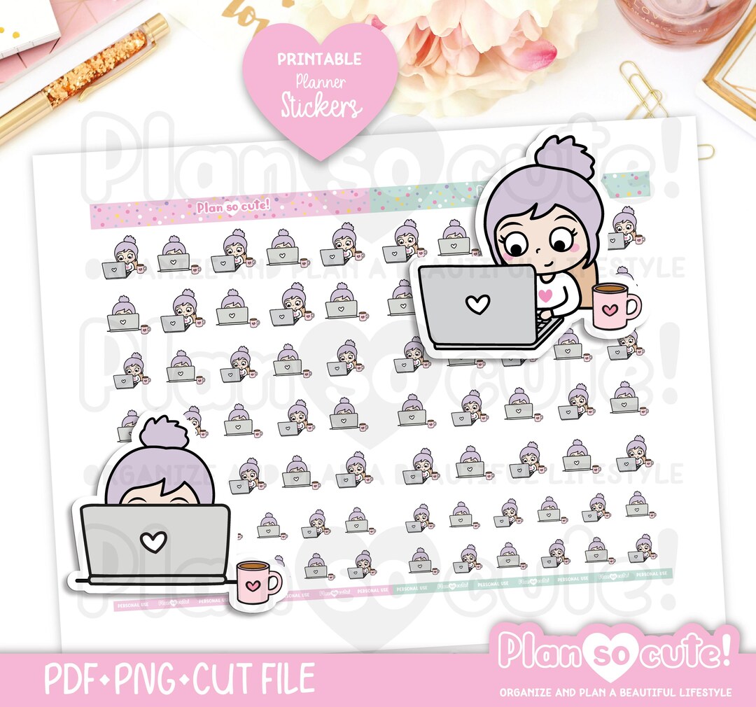 Emily Working on Laptop, Printable Planner Stickers, Bullet Journal ...