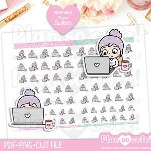 Emily travaille sur un ordinateur portable, autocollants imprimables pour planificateur, autocollants pour Bullet Journal
