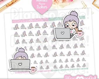 Emily Working on Laptop, Printable Planner Stickers, Bullet Journal Stickers