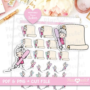 Könnte beinhalten: Druckbare Planer-Aufkleber mit einem niedlichen Comic-Mädchen, das einen Stift und eine Schriftrolle mit dem Text "Plan so cute!" und "Organisiere und plane einen schönen Lebensstil" hält.