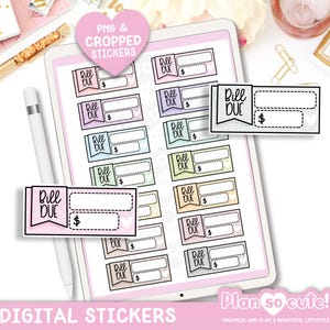 Puede incluir: Pegatinas digitales con el tema de facturas vencidas. Las pegatinas son de varios colores pastel y presentan las palabras "Bill Due" y un espacio para la cantidad. La imagen también incluye el texto "PNG & Cropped Stickers" y "Digital Stickers".