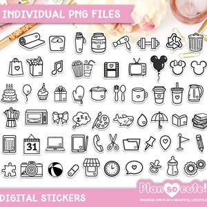 Könnte beinhalten: Eine Sammlung von schwarz-weißen digitalen Stickern mit verschiedenen Symbolen, darunter eine Yogamatte, eine Waage, ein Proteinglas, ein Haartrockner, Hanteln, eine Einkaufstasche, Popcorn, eine Filmrolle, ein Fernseher, ein Mickey Mouse-Ballon, ein Kuchen, ein Geschenk, ein Ofen, eine Schleife, eine Farbpalette und mehr. Der Text lautet "INDIVIDUAL PNG FILES" und "DIGITAL STICKERS".