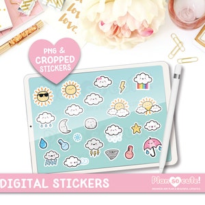 Digitale Kawaii-Wetteraufkleber, GoodNotes-Aufkleber, Emoji-Symbole, Kawaii, vorgeschnittenes PNG