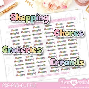 Fluffy words Stickers, Shopping, Chores, Groceries, Errands, Printable Planner Stickers, Bullet Journal Stickers, Printable PRINTABLE
