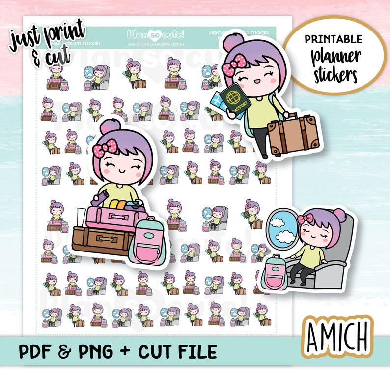 May include: A set of 48 printable planner stickers featuring a cartoon girl with purple hair and pink bows. The stickers are designed for travel and include images of the girl packing a suitcase, holding a passport, and sitting in an airplane seat. The text "Plan so cute!" and "Printable planner stickers" is included in the image.