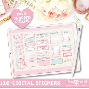 Puede incluir: Un conjunto de pegatinas digitales para planificador con m&aacute;s de 120 pegatinas en un esquema de color rosa y azul con dise&ntilde;os florales. Las pegatinas incluyen varias formas y tama&ntilde;os, incluyendo cuadros, pancartas y listas de verificaci&oacute;n. El texto "Plan so cute!" es visible en la esquina inferior derecha de la imagen.