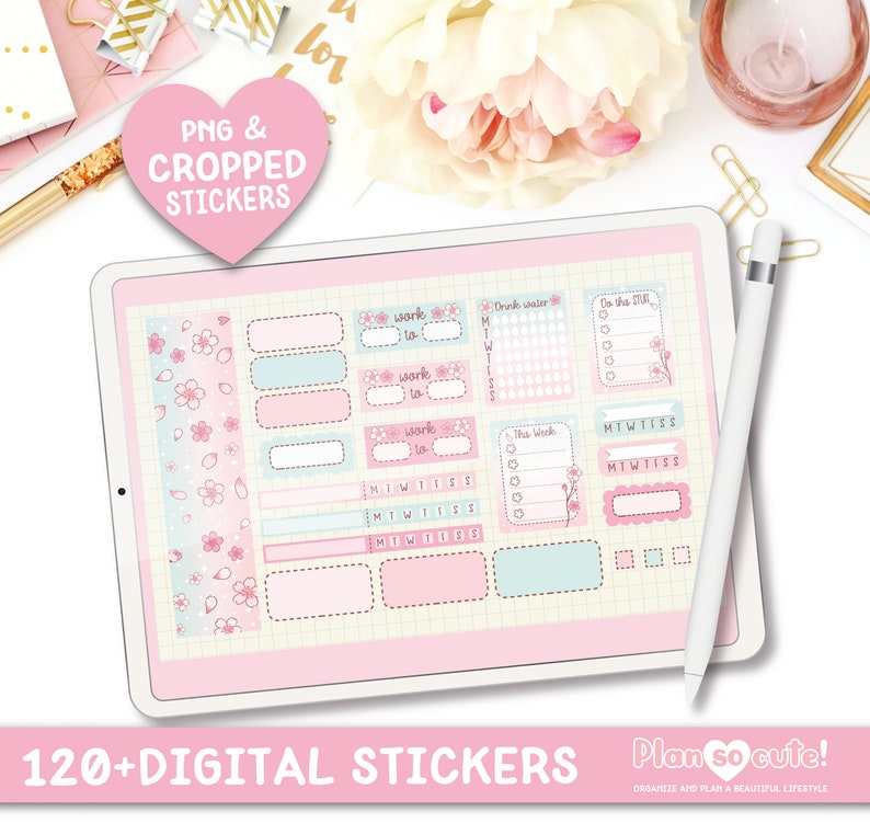 Puede incluir: Un conjunto de pegatinas digitales para planificador con m&aacute;s de 120 pegatinas en un esquema de color rosa y azul con dise&ntilde;os florales. Las pegatinas incluyen varias formas y tama&ntilde;os, incluyendo cuadros, pancartas y listas de verificaci&oacute;n. El texto "Plan so cute!" es visible en la esquina inferior derecha de la imagen.