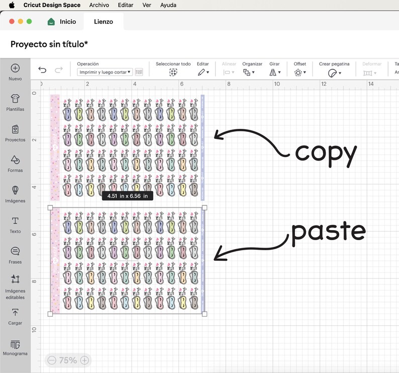 May include: Screenshot of Cricut Design Space showing a project with two identical sticker sheets. Each sheet is 4.51 x 6.56 inches and contains colorful, illustrated stickers. The interface includes tools for editing and printing.