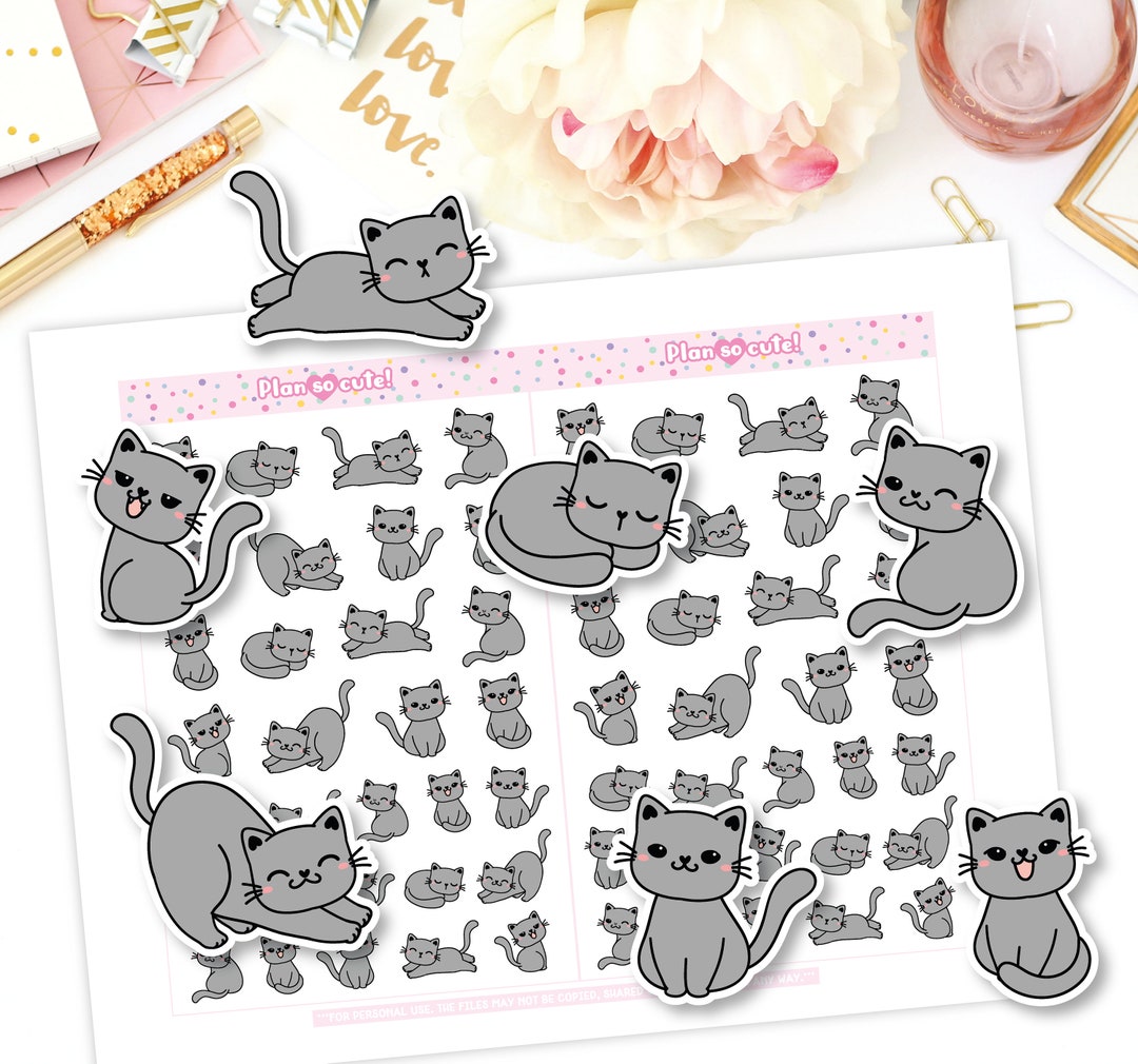 Gray Kitty, Cat Planner Stickers, Printable Planner Stickers, Doodle Stickers - Etsy