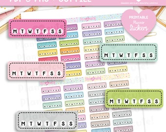 May include: Printable planner stickers with a colorful design. The stickers feature the days of the week, MTWTFSS, in a circle with a black outline. The stickers are on a white background with confetti and the text "Plan so cute!" in pink.