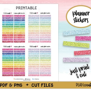 Może przedstawiać: Drukowane naklejki do planera z brokatowymi nagłówkami w tęczowych i pastelowych kolorach. Obraz zawiera tekst "planner stickers" i "just print & cut". Naklejki są dostępne w formatach PDF i PNG.